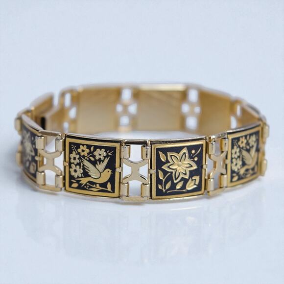 Vintage Damascene Square Link Bracelet Bird Floral Gold Black 8" Etched Spain - Picture 1 of 9